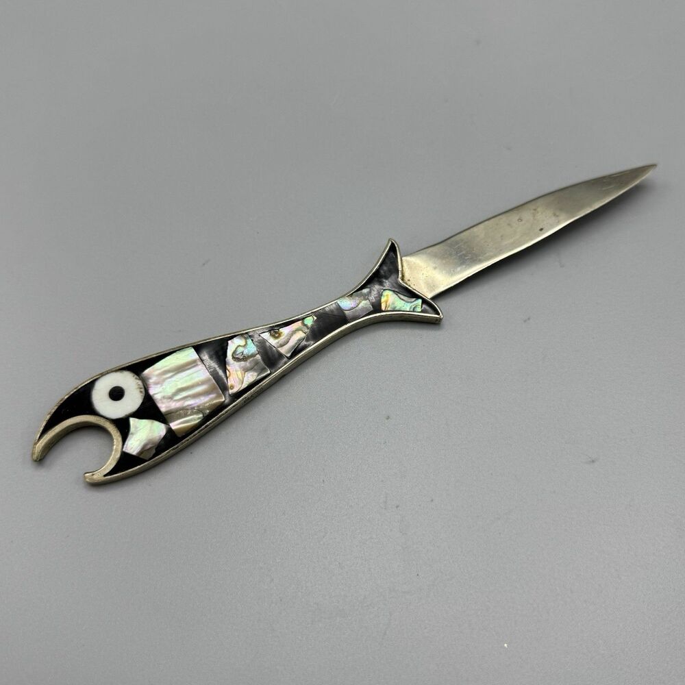 Vtg Fish Alpaca Mexico Abalone Black Letter Bottle Opener READ Imperfections
